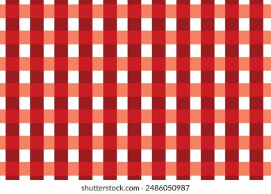 Patrón sin costuras de guingham rojo y blanco. Textura a cuadros para manta de picnic, mantel, cuadros, ropa. Superposición de estilo italiano, fondo geométrico de tela, diseño textil retro. Ilustración vectorial.