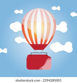 Red and white gradient hot air balloon with gradient background, and full of white clouds.