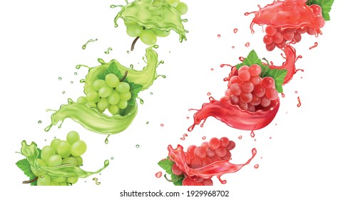 Red and white grapes in juice splash realistic. Bunch of pink and green table grape in splashig wine. 3d vector.