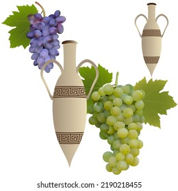 Red and white grapes with leaves and Greek amphorae for wine isolated on white background. Realistic vector pattern.