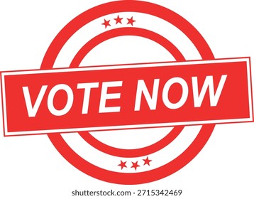 Un gráfico rojo y blanco presenta un mensaje "VOTA AHORA" en un Anuncio rectangular inclinado, colocado contra un diseño de sello circular con estrellas, transmitiendo un llamado urgente a la acción.