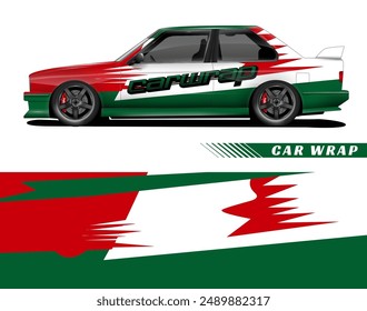 Red, white, and green car wrap with racing theme. Eyecatching design suitable for car enthusiasts, racing events, and sports promotions.