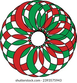 Red, white, and green circular design on a white background, resembling a Christmas tree ornament or wreath. Christmas design