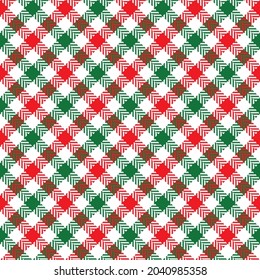 Red, white and green diagonal herringbone gingham. Seamless Christmas vector plaid suitable for fashion, home decor and stationary.