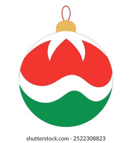 A red, white, and green ornament with a gold center. The ornament is a Christmas decoration