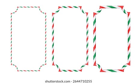 Vermelho branco verde listrado moldura pirulito em forma retangular. Quadro temático de Natal com listras pirulito doce. Modelo de vetor vazio para projetos de Ano Novo e Natal. Vetor isolado