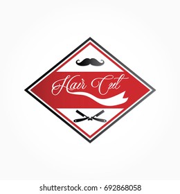 red white hair cut logo with black mustache knife and frame