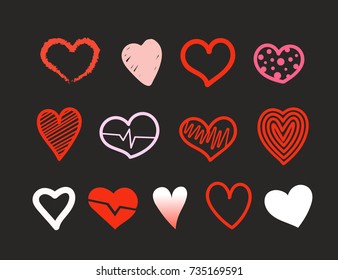 Red and white Hand drawn hearts vector collection on black background. Design elements for Valentine's day