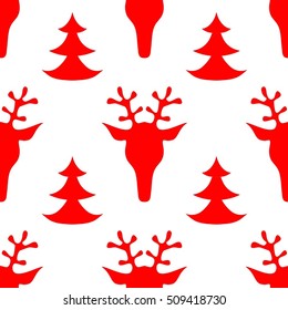 Red and white hand drawn seamless Christmas pattern with deer and new year tree for textile, fabric, wrapping