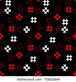 Red and white Hashtag seamless on black background. Hashtag random seamless pattern
