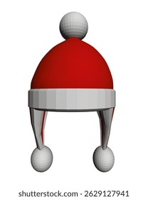 A red and white hat with a white pom pom on top. The hat is sitting on a white background