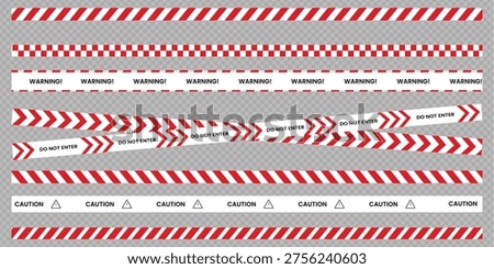 Red and white hazard caution stripes on transparent background. Warning tape borders for construction zones. Do not enter sign lines and danger ribbons.