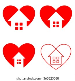 Red and white heart with house inside vector set. Designed real estate company logo. Building company signs. Business card elements. Home sweet home illustration.Valentines day greeting cards.