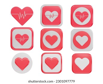 Un icono de corazón rojo y blanco con un corazón y una línea de iconos de corazón conjunto