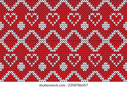 Red and White heart knitted pattern for valentine concept.Festive Sweater Design. Seamless Knitted Pattern