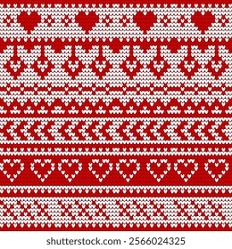 Red and white heart knitted pattern for valentine concept. Seamless Sweater texture background.