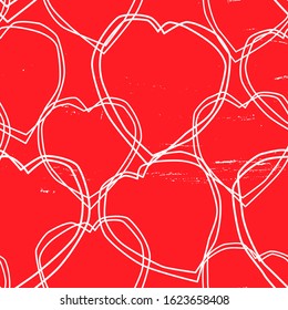 Red and white heart seamless pattern with grunge texture for party backdrop or gift wrapping. Simple romantic line objects arranged as repeat design.
