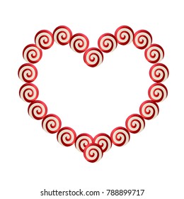 Red and white heart shaped frame made of lolipops with space for text for Valentine's Day or wedding design. Vector illustration, border, love tempate, isoated on white background.