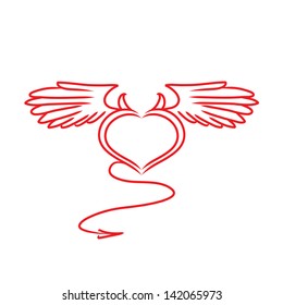 red and white heart with a tail, wings and horns tattoo
