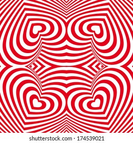 Red and white heart Valentines day seamless background. Three-dimensional volumetric image. Vector 