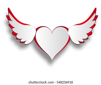 Red and white heart with wings, cut out on a white background with shadow. Valentine's Day. Vector illustration
