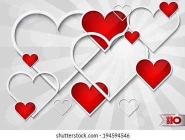 Red and white hearts on a white background