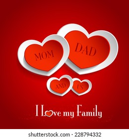 Red and white hearts on red background, a family hearts