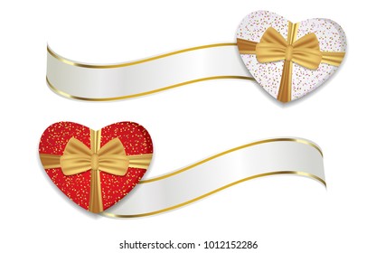 Red and white hearts shaped boxes with ribbons and golden bows. Decoration for Valentine's day and other holidays. Vector illustration.