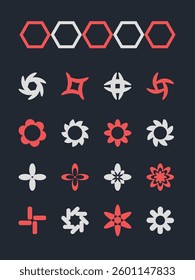 Red and white hexagonal and floral motifs, dark background. Useful for modern designs, web graphics, packaging.