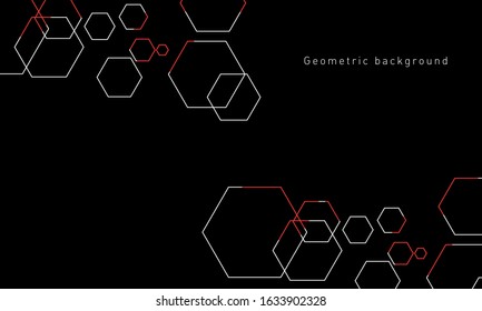Red and white hexagons on a black background. Abstract technology banner design. Vector illustration