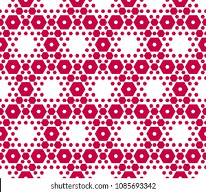 Red and white hexagons texture. Geometric hexagonal seamless pattern. Vector geometrical texture  with small hex shapes, grid, lattice, net. Elegant ornament. Modern abstract background. Repeat design