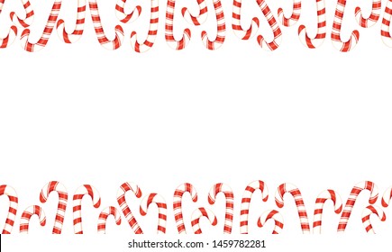 Red and White Holiday Christmas and New Year Candy Canes Horizontal Top Bottom Vector Seamless Border. Winter Holiday Print. Festive Background