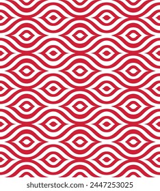 Red and white horizontal wavy stripes with concentric drop-shaped decorative elements. Geometric retro style. Seamless repeating pattern. Vector illustration.