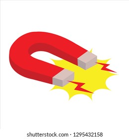A red and white horseshoe magnet with sparks.