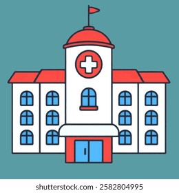 A red and white hospital building vector illustration, suitable for medical branding, healthcare websites, and pharmaceutical business logos.