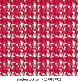 Red and white houndstooth seamless pattern. Knitted background