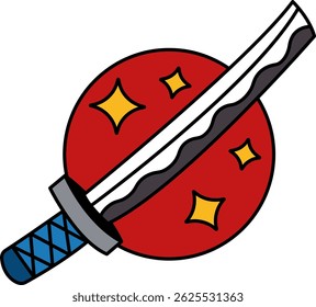Una Imagen roja y blanca de una espada con un círculo rojo en el medio. La espada está rodeada de estrellas y el círculo también está rodeado de estrellas. La Imagen tiene un sentimiento lúdico y caprichoso