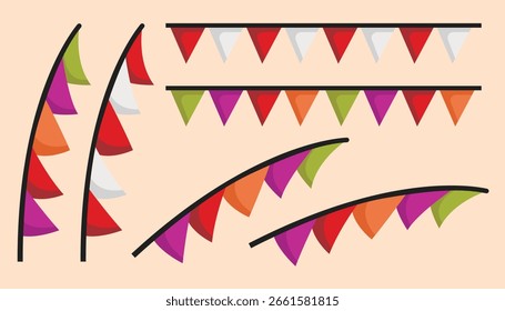 Decoraciones de banderas indonesias rojas y blancas, incluidos varios estilos de banderines, bunting y guirnaldas, perfectas para celebraciones y diseños festivos. Ilustración vectorial