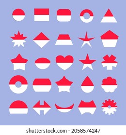 Bandera indonesia, roja y blanca, de varias formas. Esta bandera es un símbolo de Indonesia. A menudo vuelan durante la conmemoración de la independencia, el Día del Héroe y el Día de Pancasila .