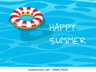 Red and white inflatable round pool float tube lifesaver ring in blue swimming pool on a sunny day. Vacation background. Vector illustration. Copy space.