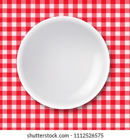 Red And White Ingham Tablecloth With Plate With Gradient Mesh, With Gradient Mesh, Vector Illustration
