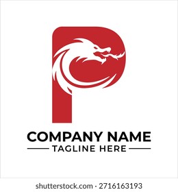 Diseño de logotipo de letra p inicial en rojo y blanco con una cabeza de dragón estilizada en su interior