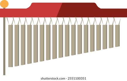 A red and white instrument with many strings