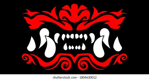 Red and white Japanese demon jaws vector illustration on black background.