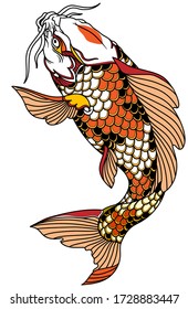 red white Japanese koi carp fish swimming up. Tattoo. Isolated vector illustration