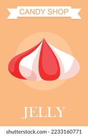 Red and white jelly brochure. Sweet products, dessert. Advertising and promotion of goods. Template, layout and mock up. Candy shop, store or market concept. Cartoon flat vector illustration
