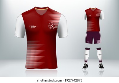 red and white jersey design. Football uniform with white strip on red color. Sport fashion t shirt in vector illustration with all front uniform design. 