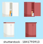 Red and white kitchen wall cabinets semi flat RGB color vector illustration set. Kitchen furniture. Open wall cabinet with boxes inside isolated cartoon objects collection on blue background