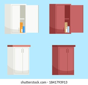 Red and white kitchen wall cabinets semi flat RGB color vector illustration set. Kitchen furniture. Open wall cabinet with boxes inside isolated cartoon objects collection on blue background