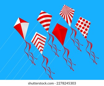 Red and white kites in the sky. Set of different design kites. Vector illustration